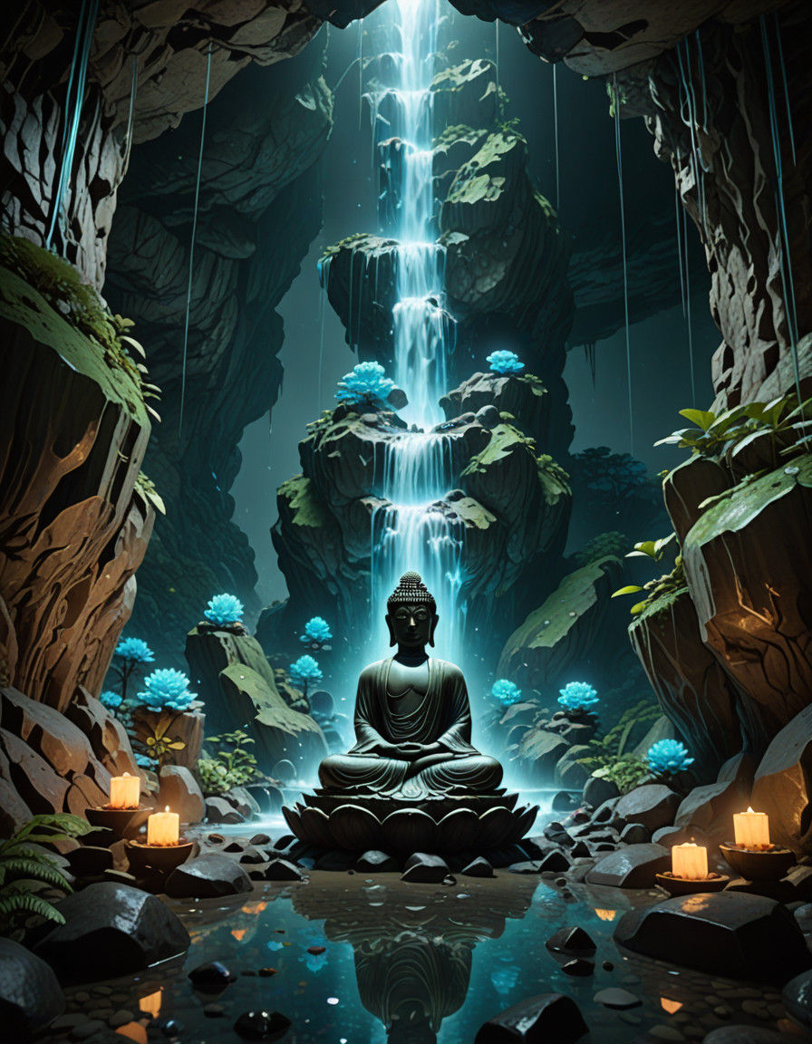Buddha in Bioluminescent Crystal Cave