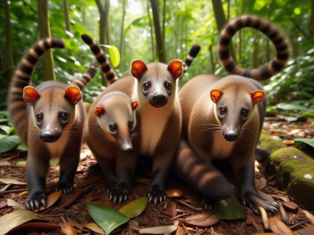 Coati Troop Foraging in Rainforest