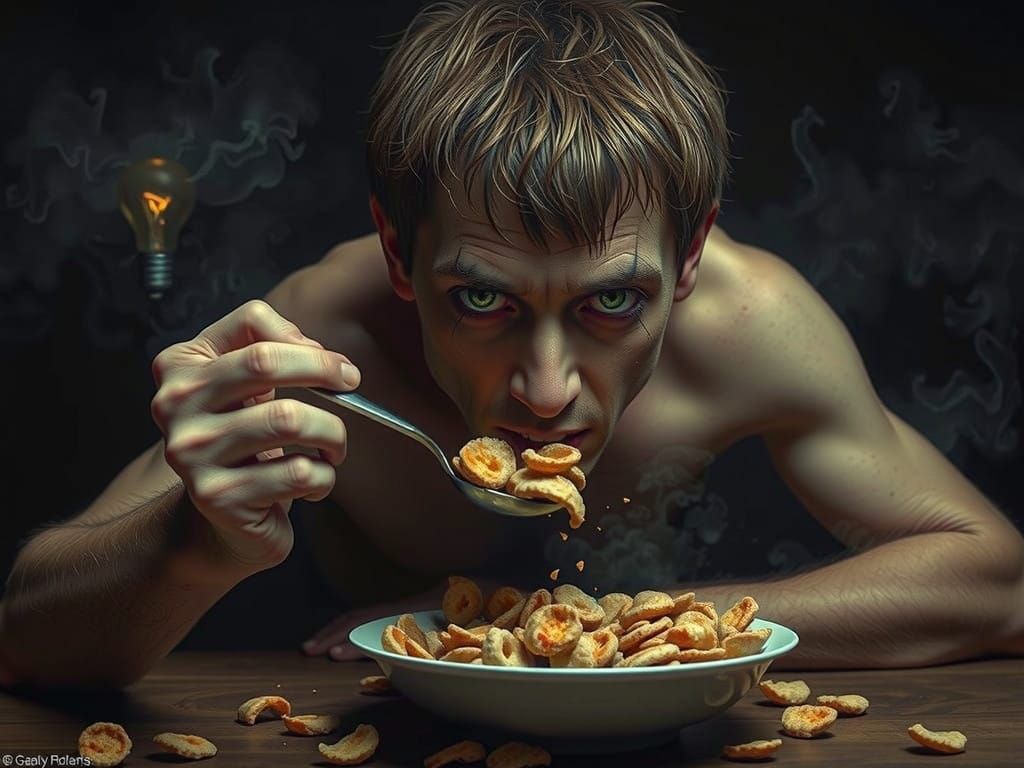 A Haunted Man Consumes Frosted Flakes in a Desolate, Gritty...