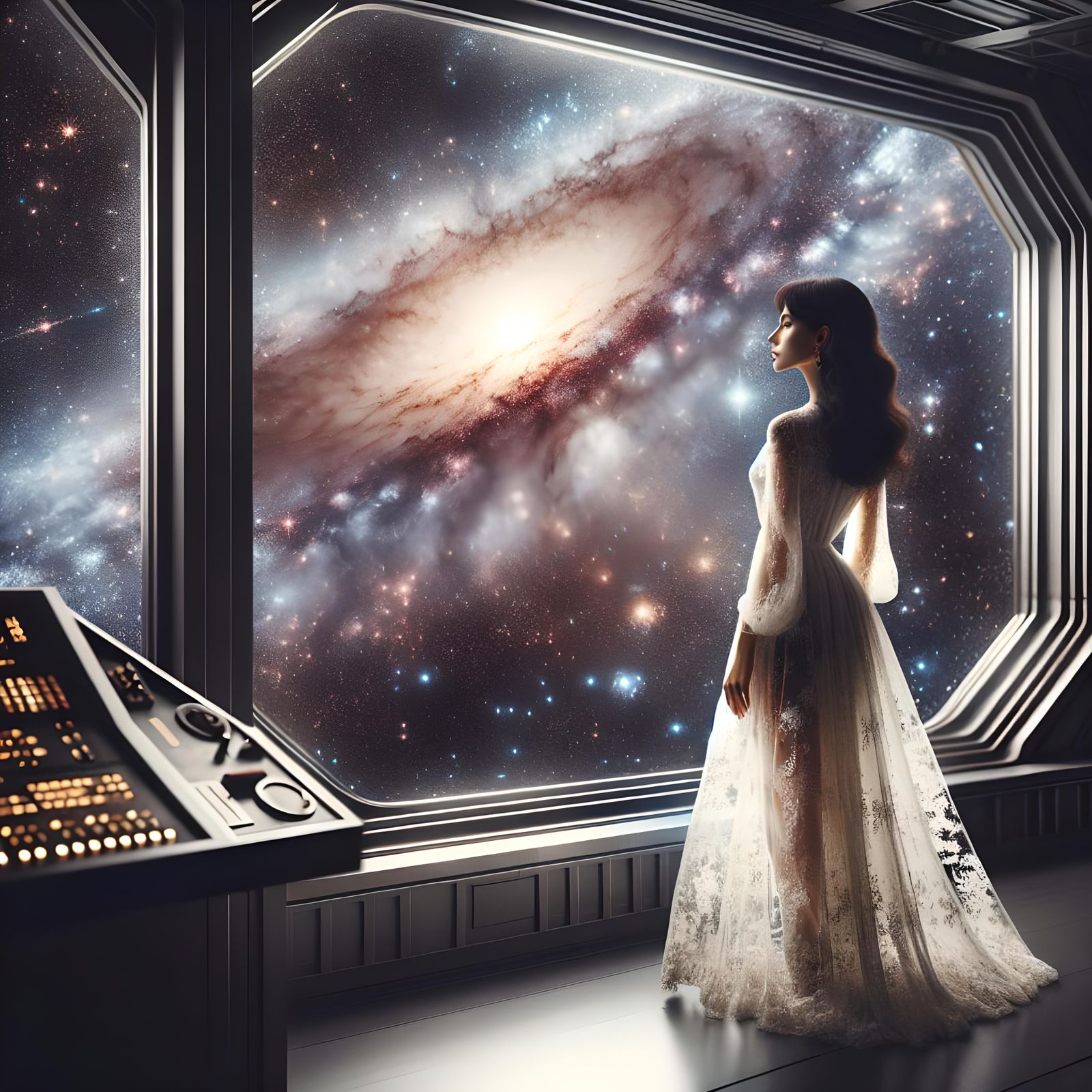 Woman in White Dress Gazing at Galaxy