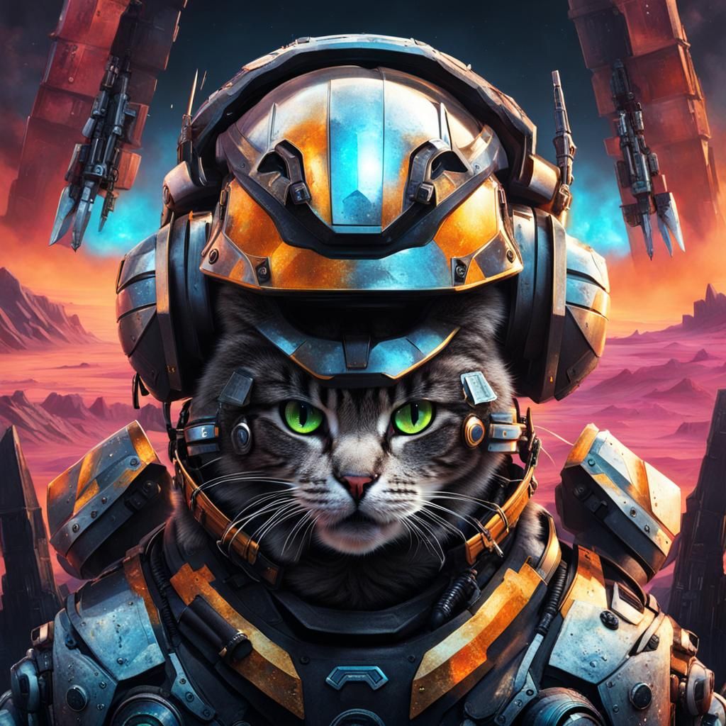 Cyborg Cat Walking in Desolate Landscape