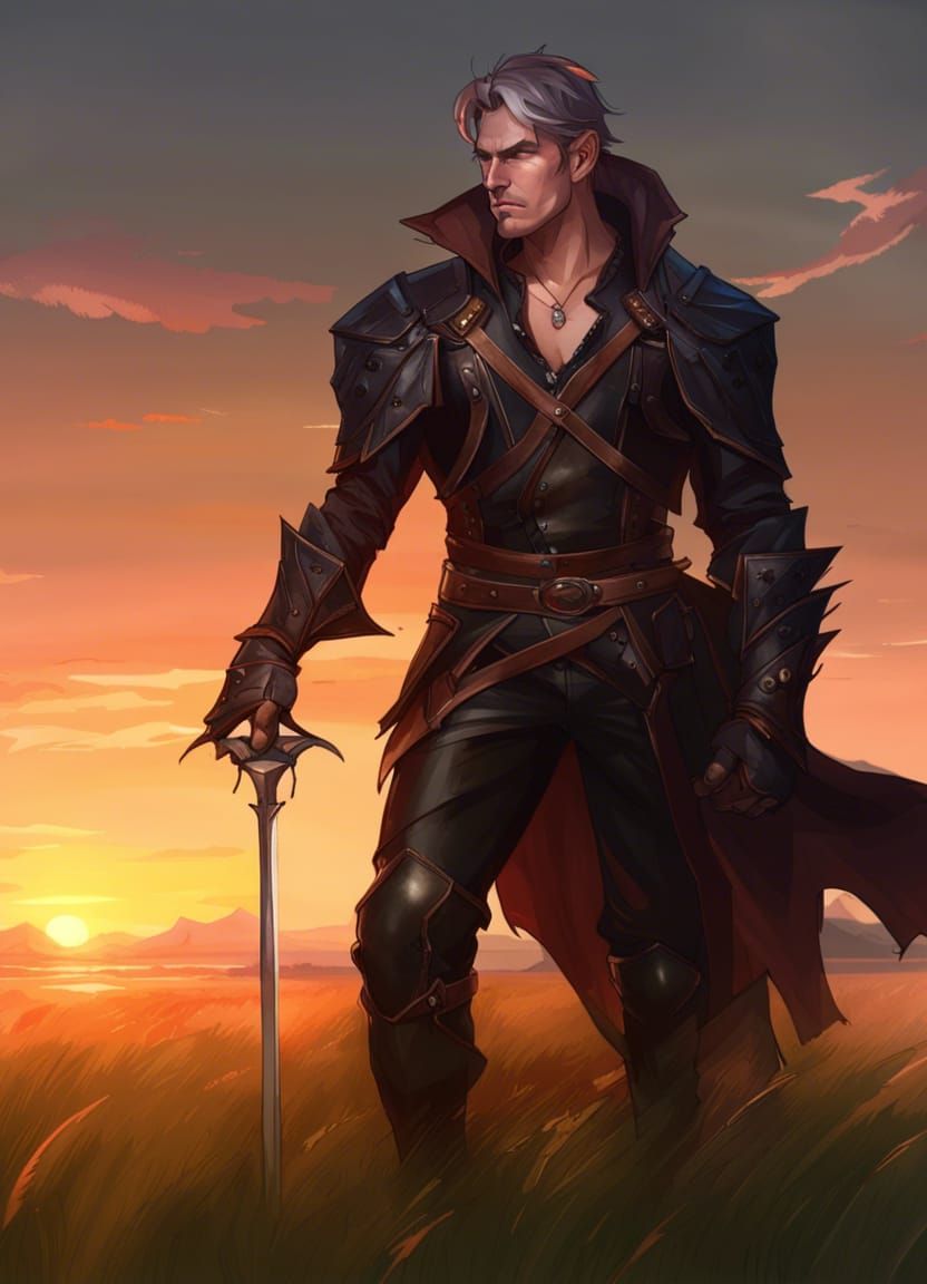 Fantasy Dhampir Warrior on Grassy Plain at Sunset