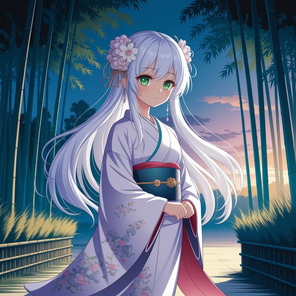 Anime Woman in Bamboo Forest at Twilight