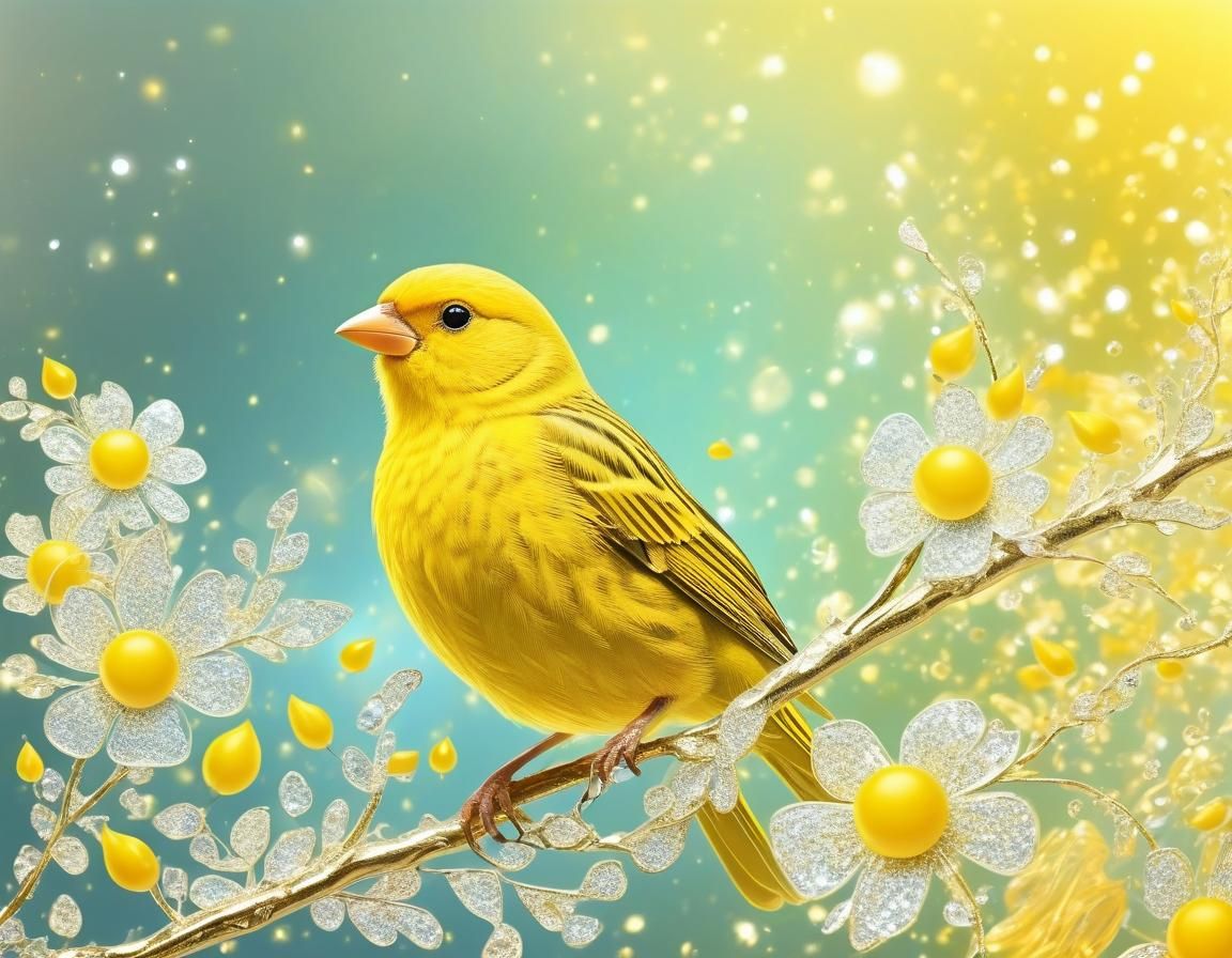 Ultraminimalist Yellow Canary Bird in Ethereal Floral Art