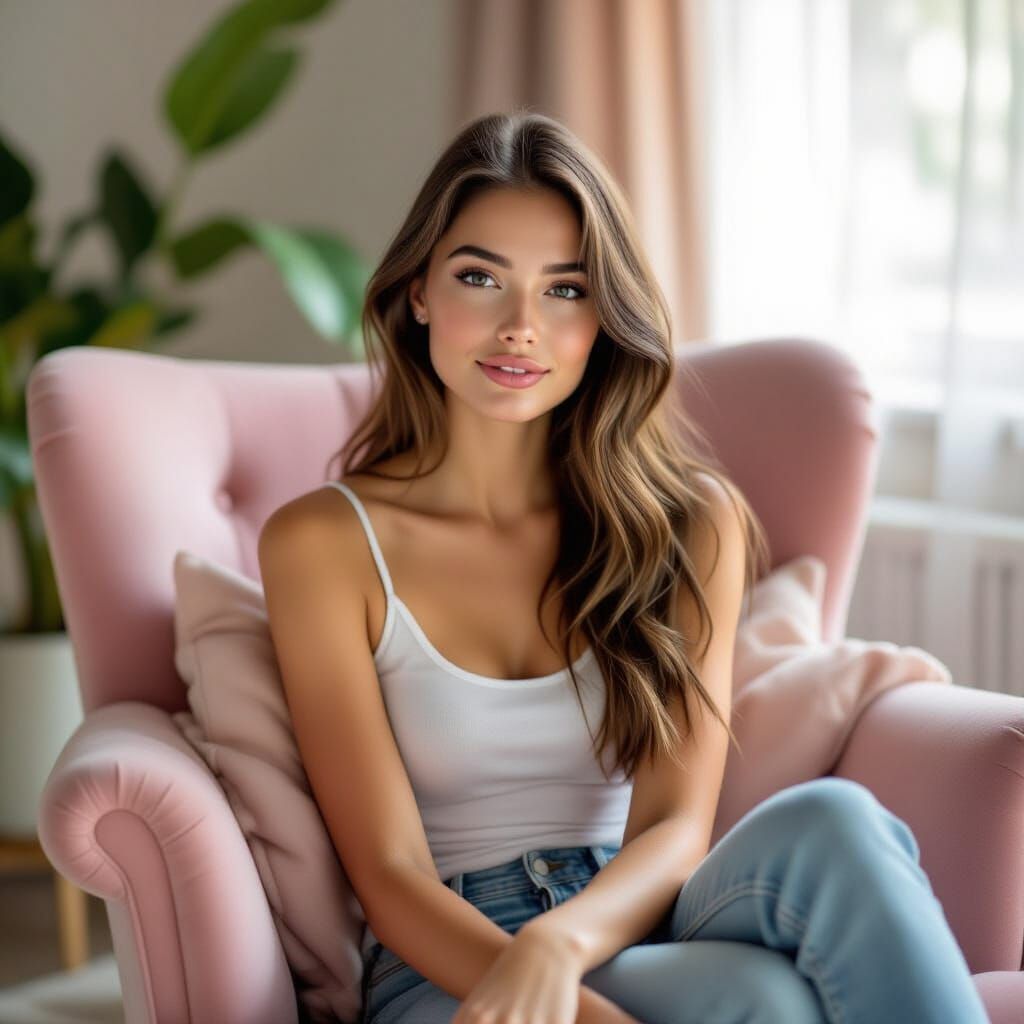 Realistic Photo of Young Woman on Pink Chair