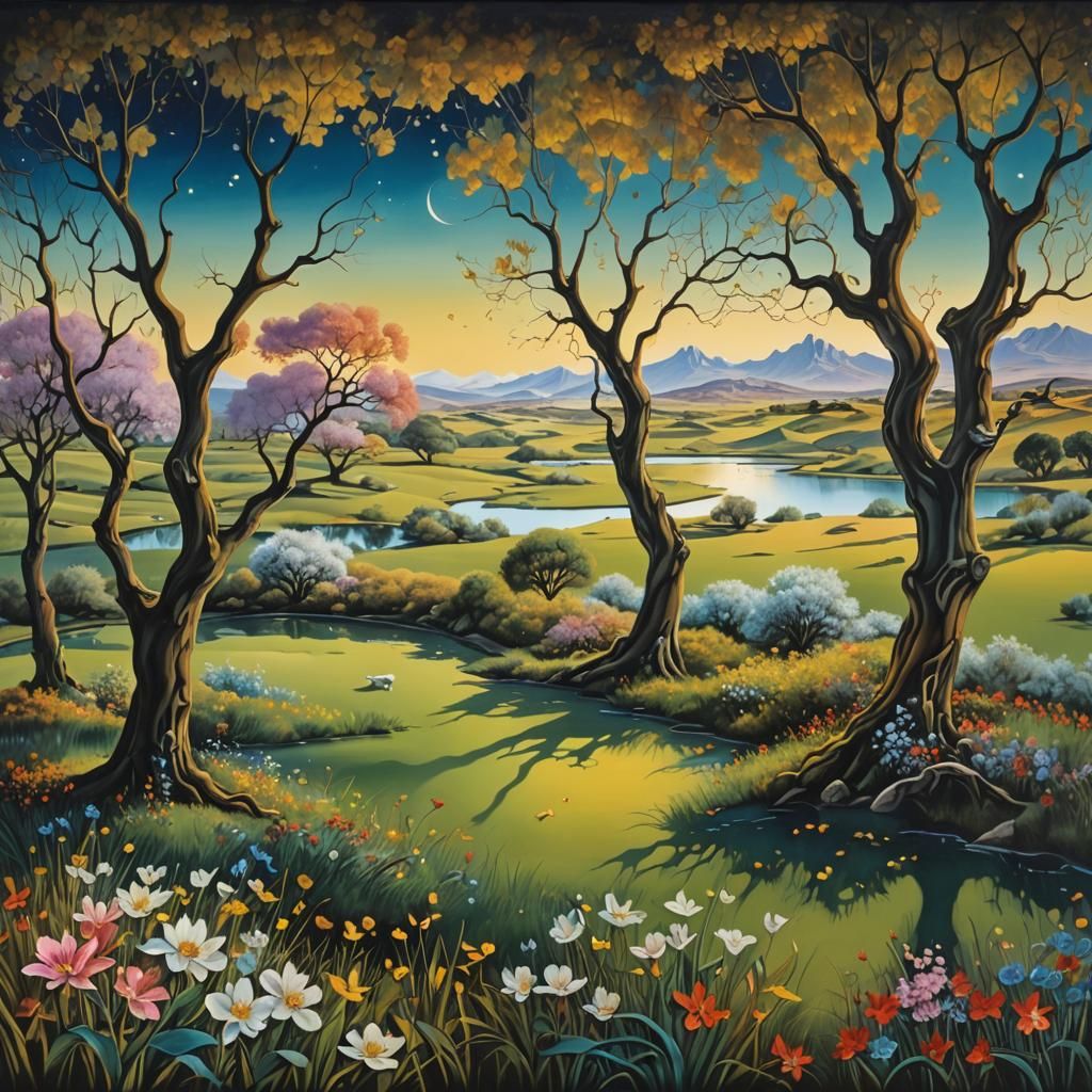 Surreal Tranquil Meadow in Dali Style