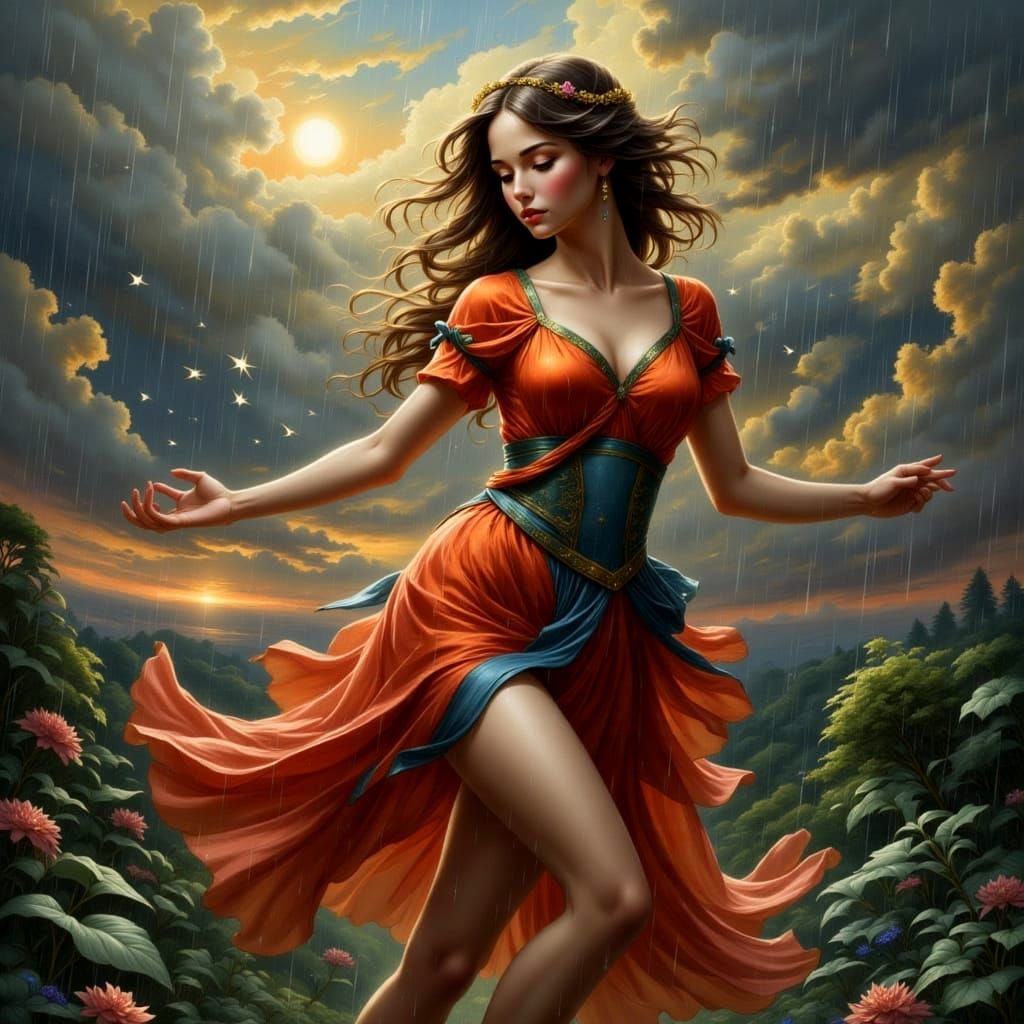 Ethereal Figure Dancing in the Rain