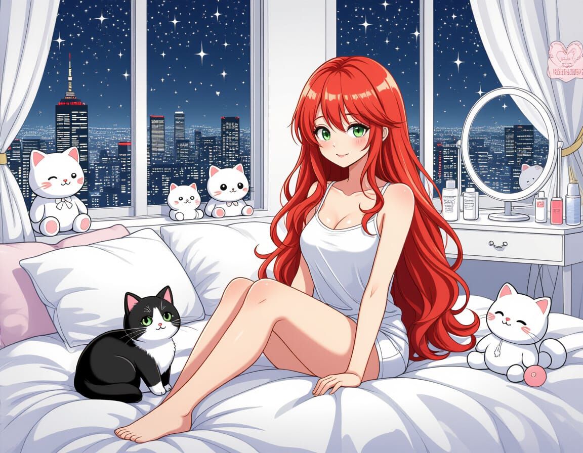 Japanese Woman in Shibuya Bedroom, Manga Pen and Ink Style