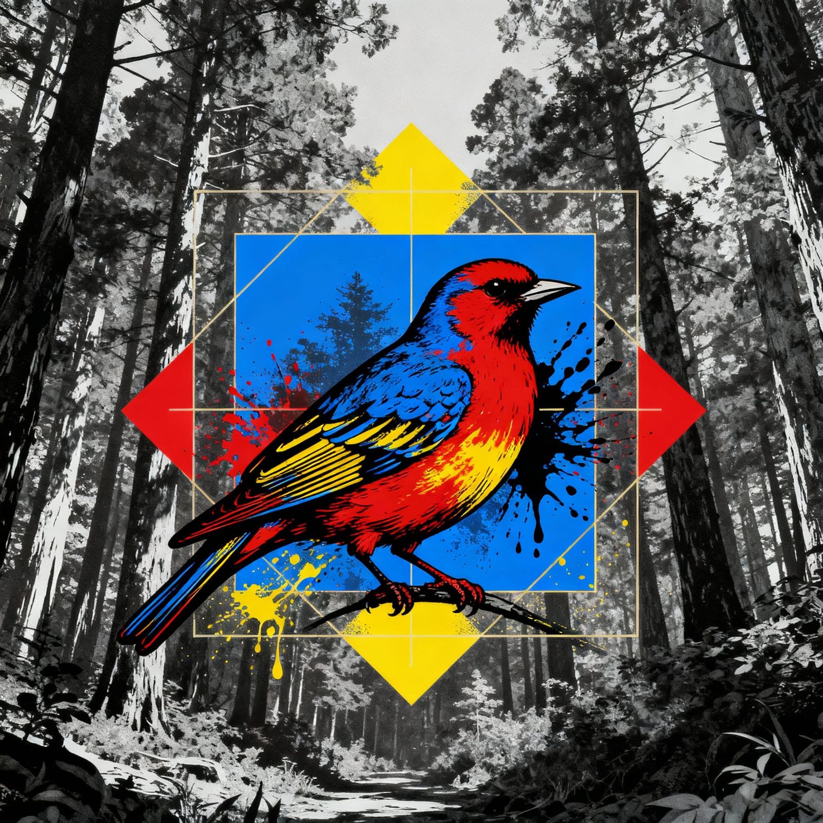 Colorful Bird in Monochromatic Forest, Post-Surreal Screen P...