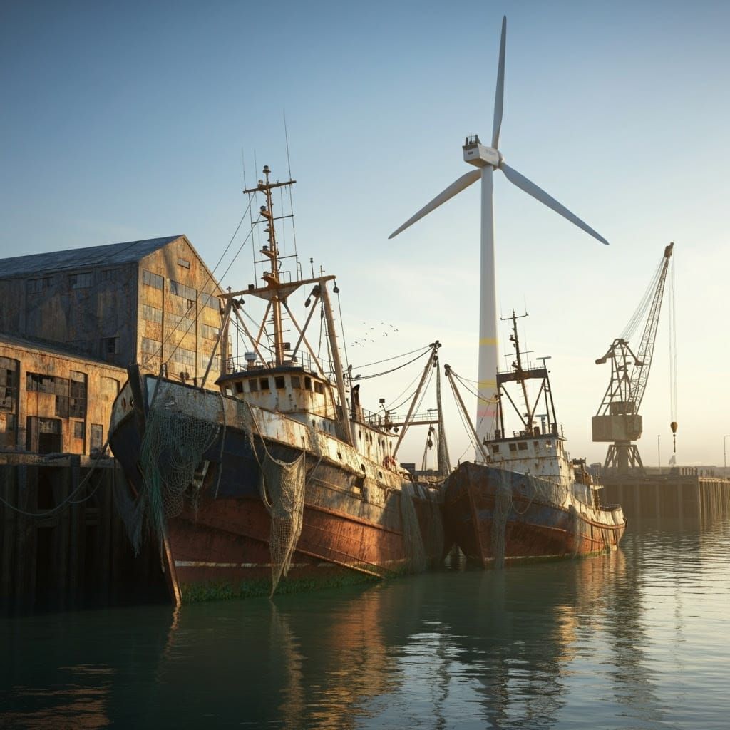 Abandoned Port Confronts Futuristic Wind Turbine in Decaying...