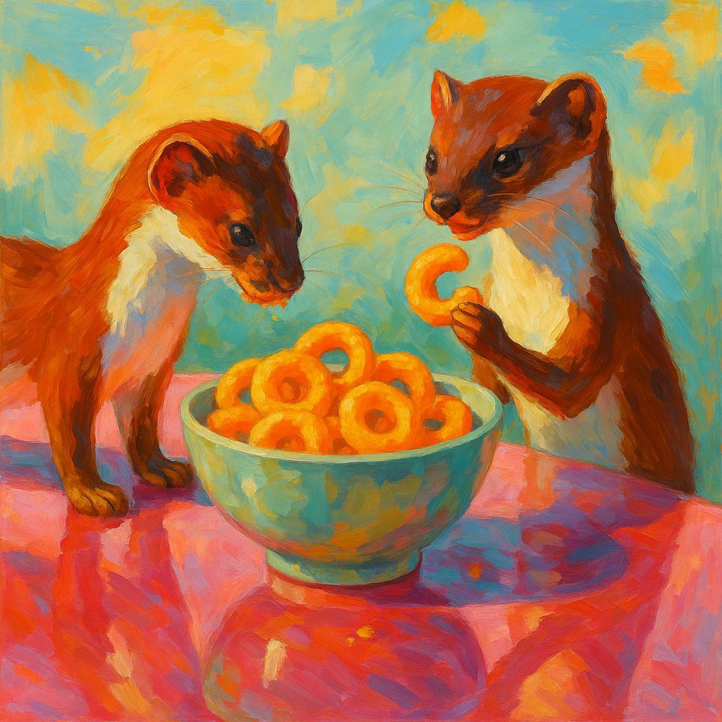 Weasels Enjoying Cheezels: Acrylic Painting