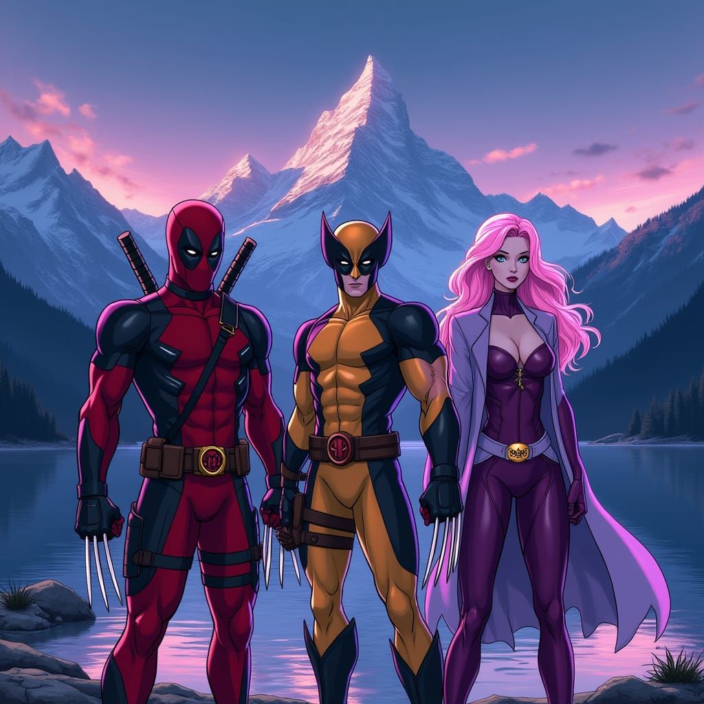 Deadpool, Wolverine, Emma Frost at Twilight Lake
