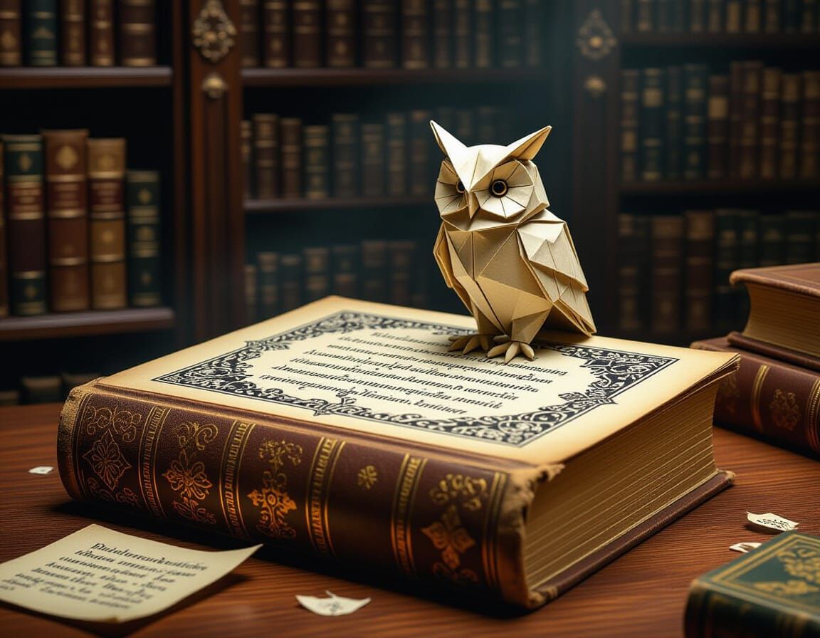 Origami Owl on Antique Book in Ornate Study