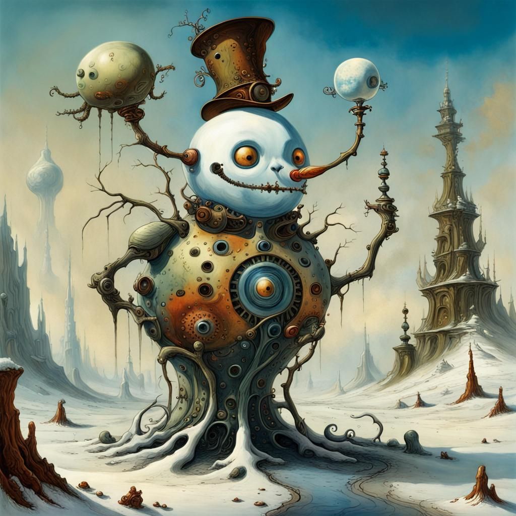 Surreal Melting Snowman Alien in Steampunk Style