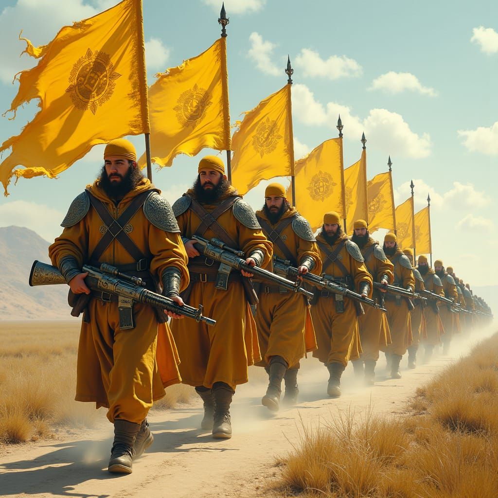 Soldiers Marching Towards Horizon with Yellow Flags