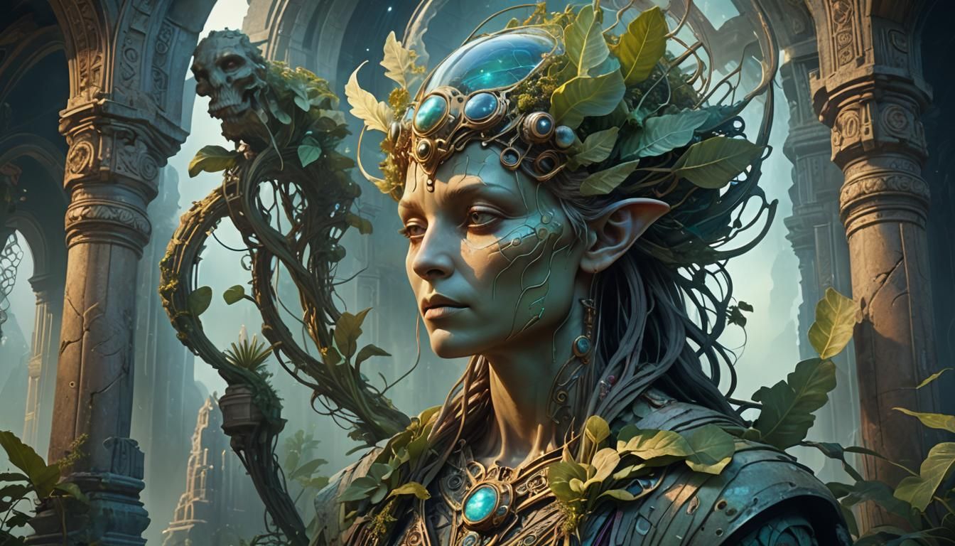 Alien Visits Ancient Temple Ruins in Art Nouveau Style