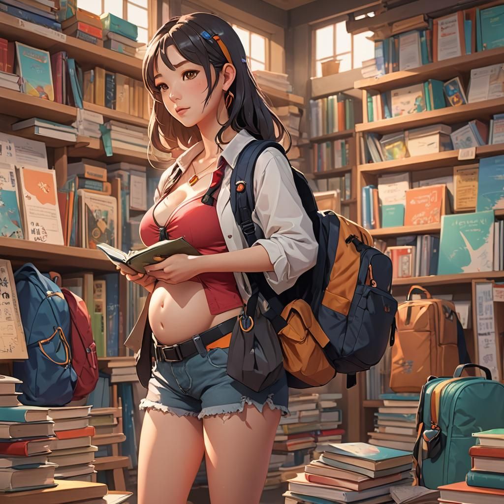 Anime Pregnant Student in Bikini: Vibrant 3D Illustration