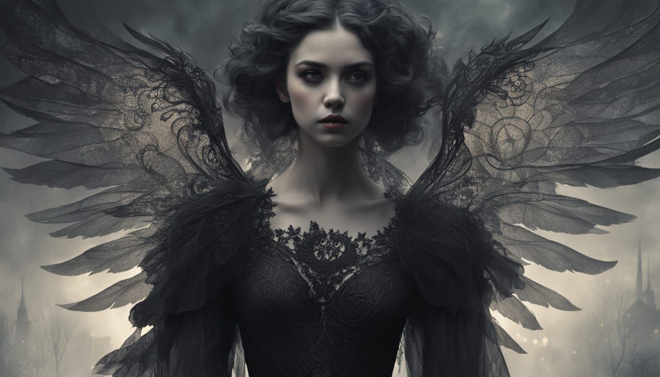 Ethereal Woman with Black Wings in Mysterious Mist