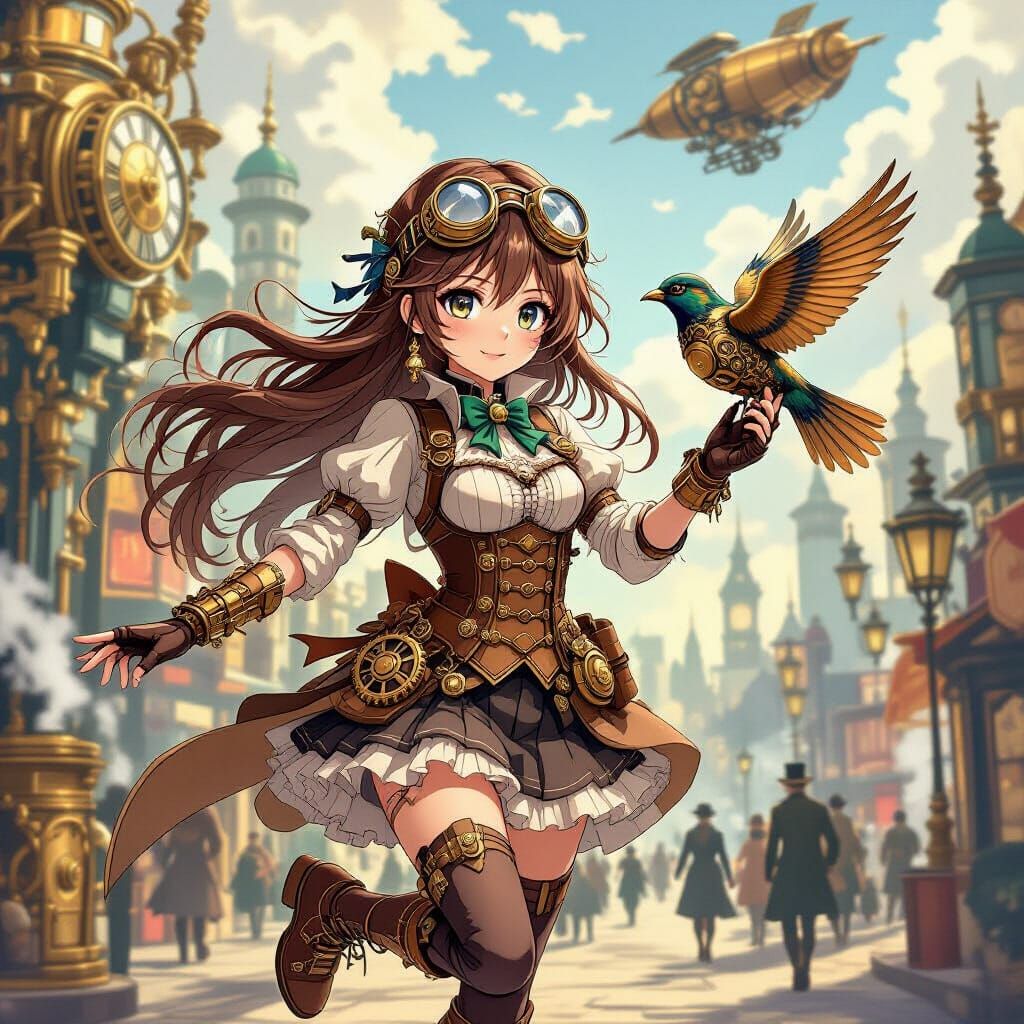 Steampunk Anime Girl with Mechanical Bird in Victorian City