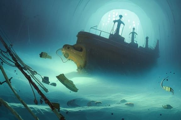 Ghostly Shipwreck Submerged with Giant Squid