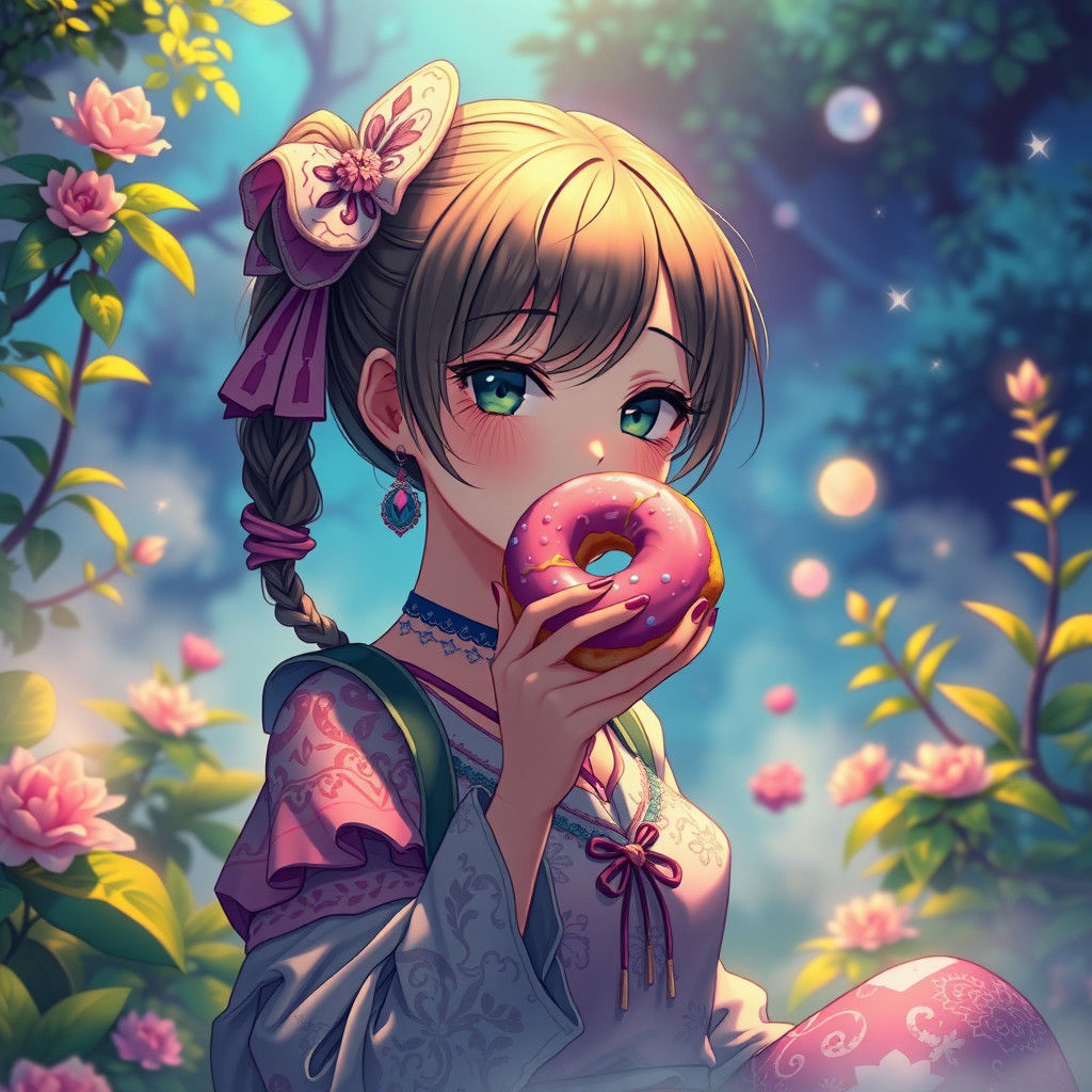 Anime Girl with Donut in Dreamlike Setting