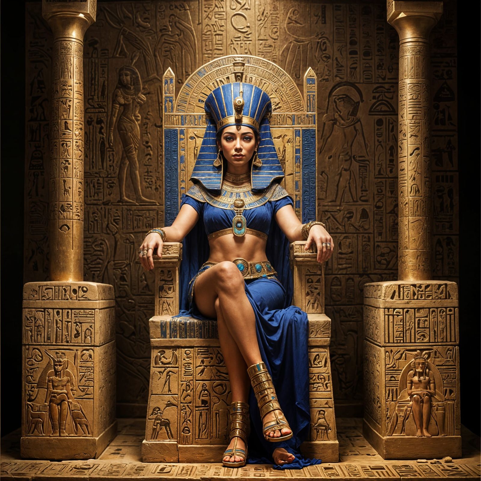 Egyptian Queen on Throne Surrounded by Treasure