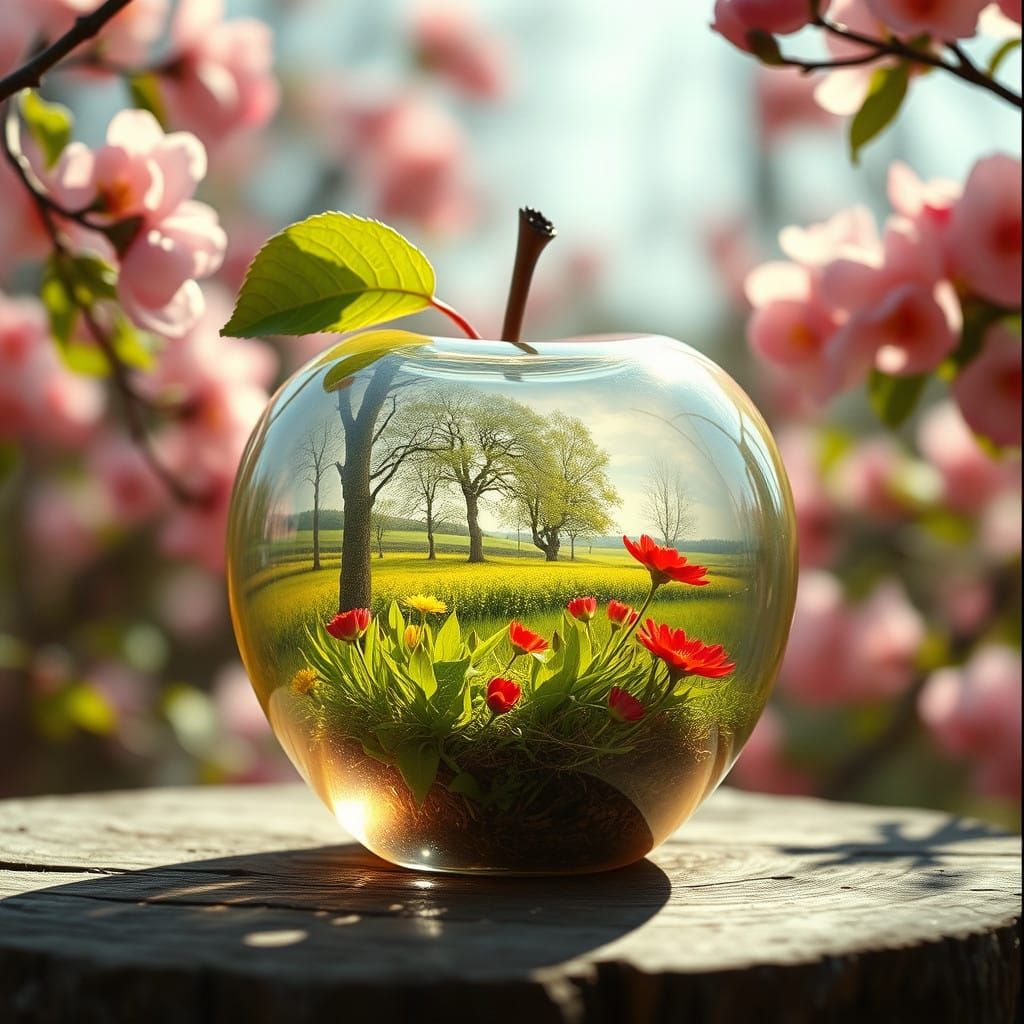 Glass Apple Transcending Vibrant Spring Landscape