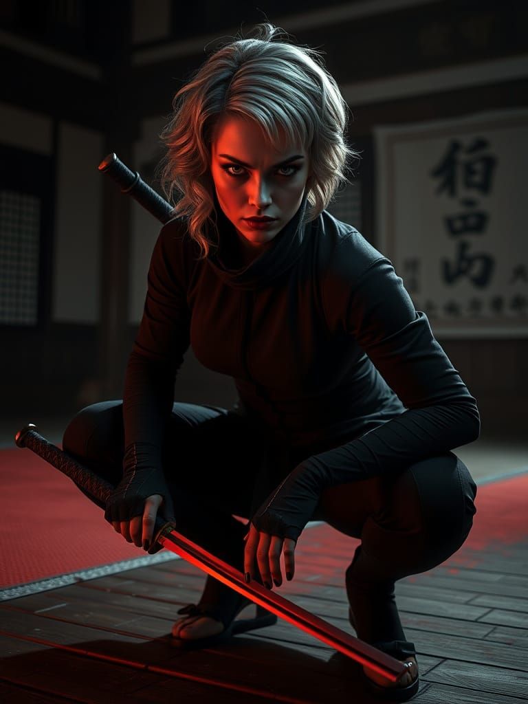 Female Ninja in Traditional Japanese Dojo
