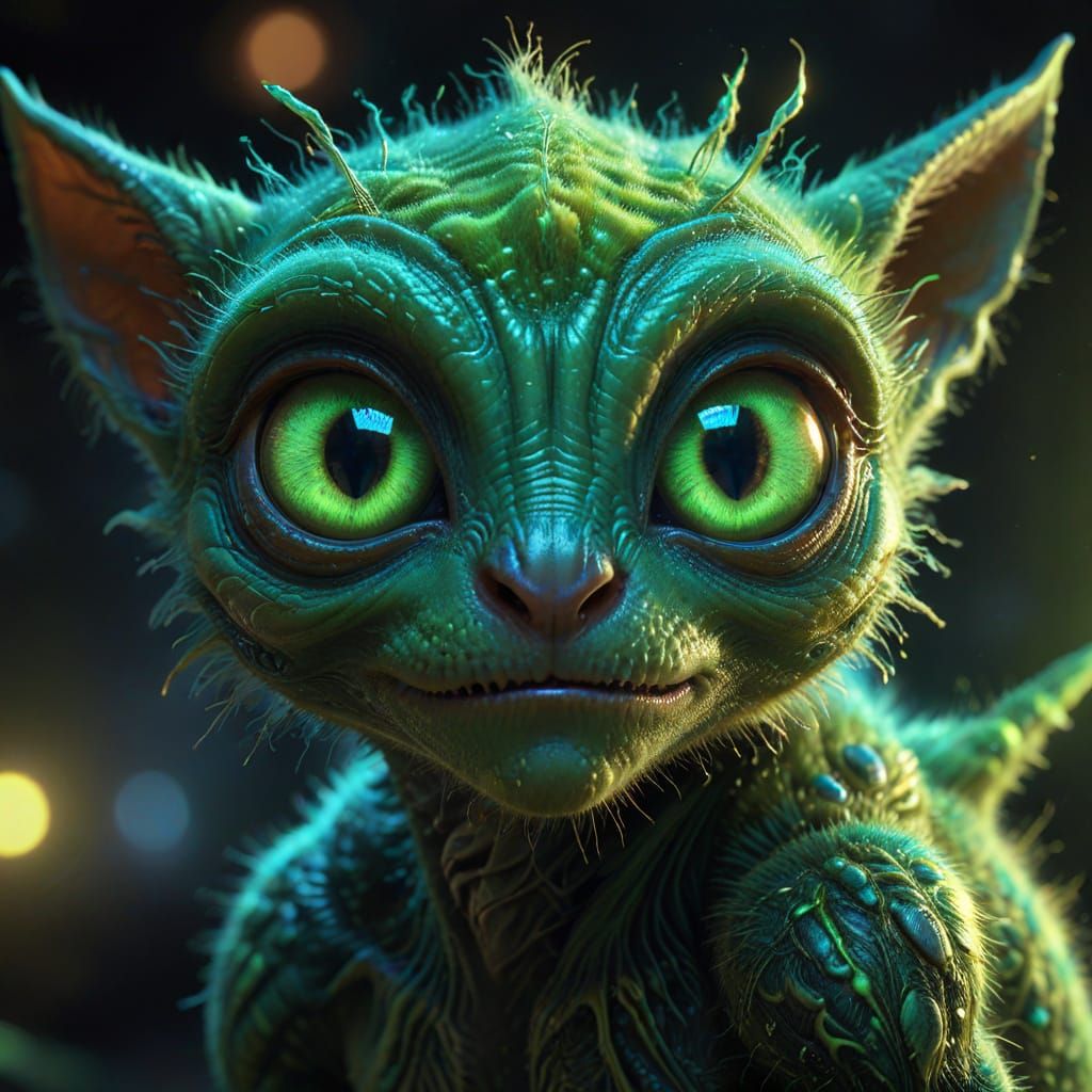 Curious Little Alien in Vibrant Hyper-Realistic Portrait