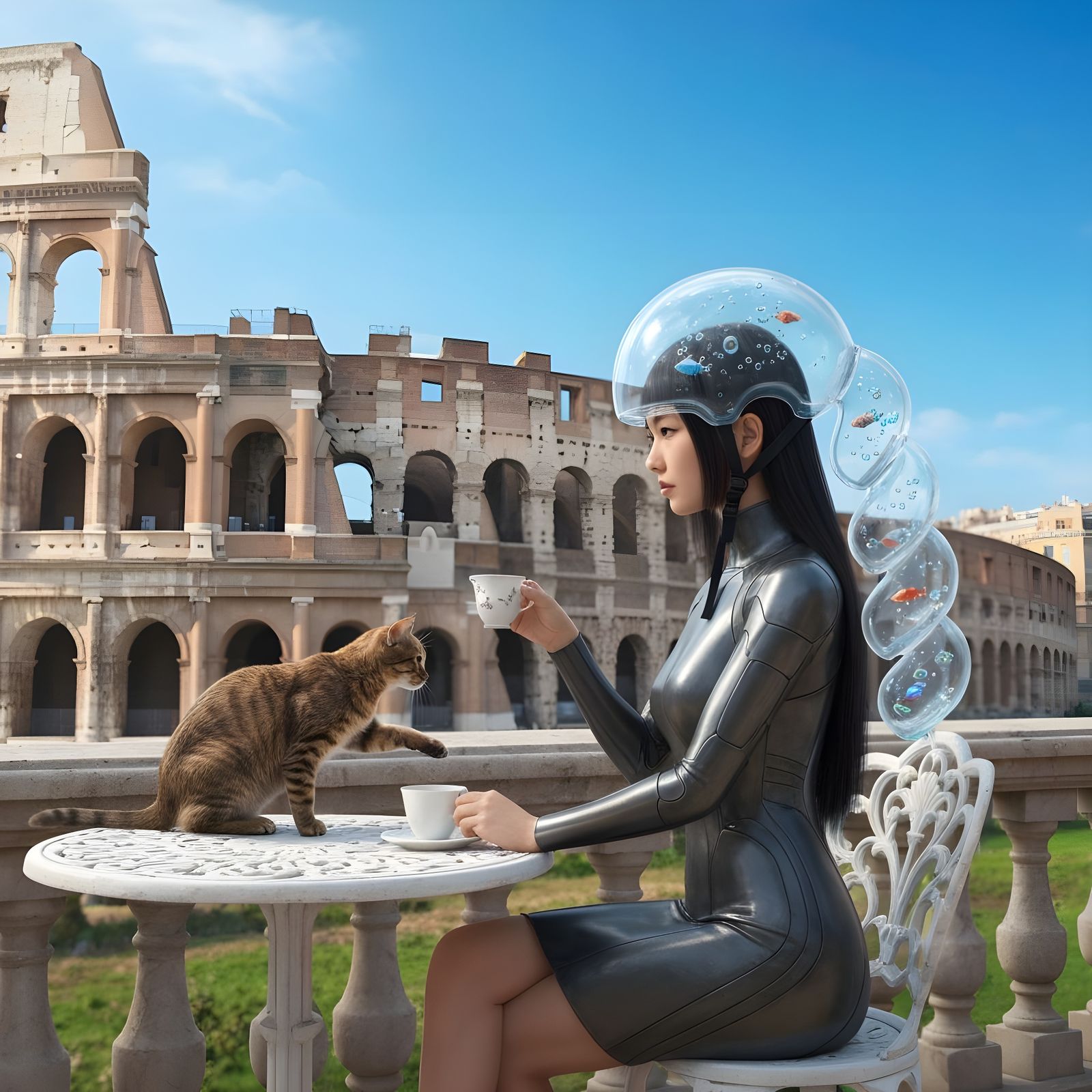 Futuristic Fashion Model with Fish Hat at Colosseum