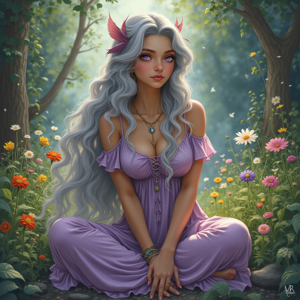 Bohemian Woman with Violet Eyes in Whimsical Forest