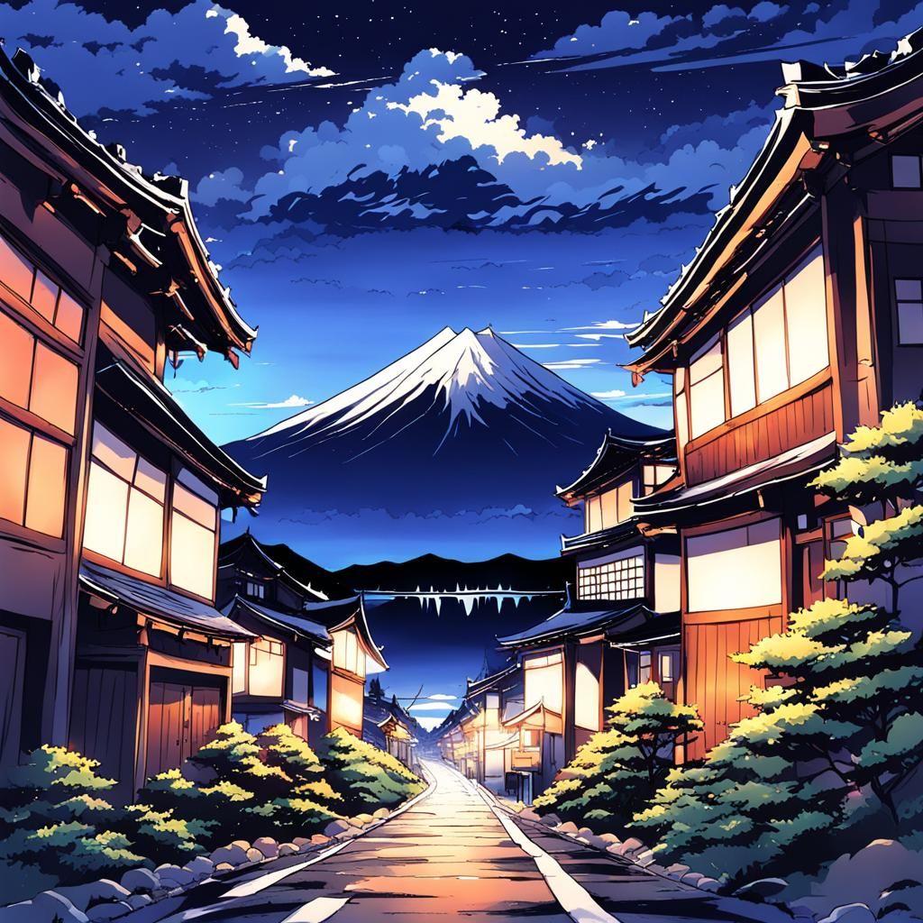 Mount Fuji at Night in Anime Style