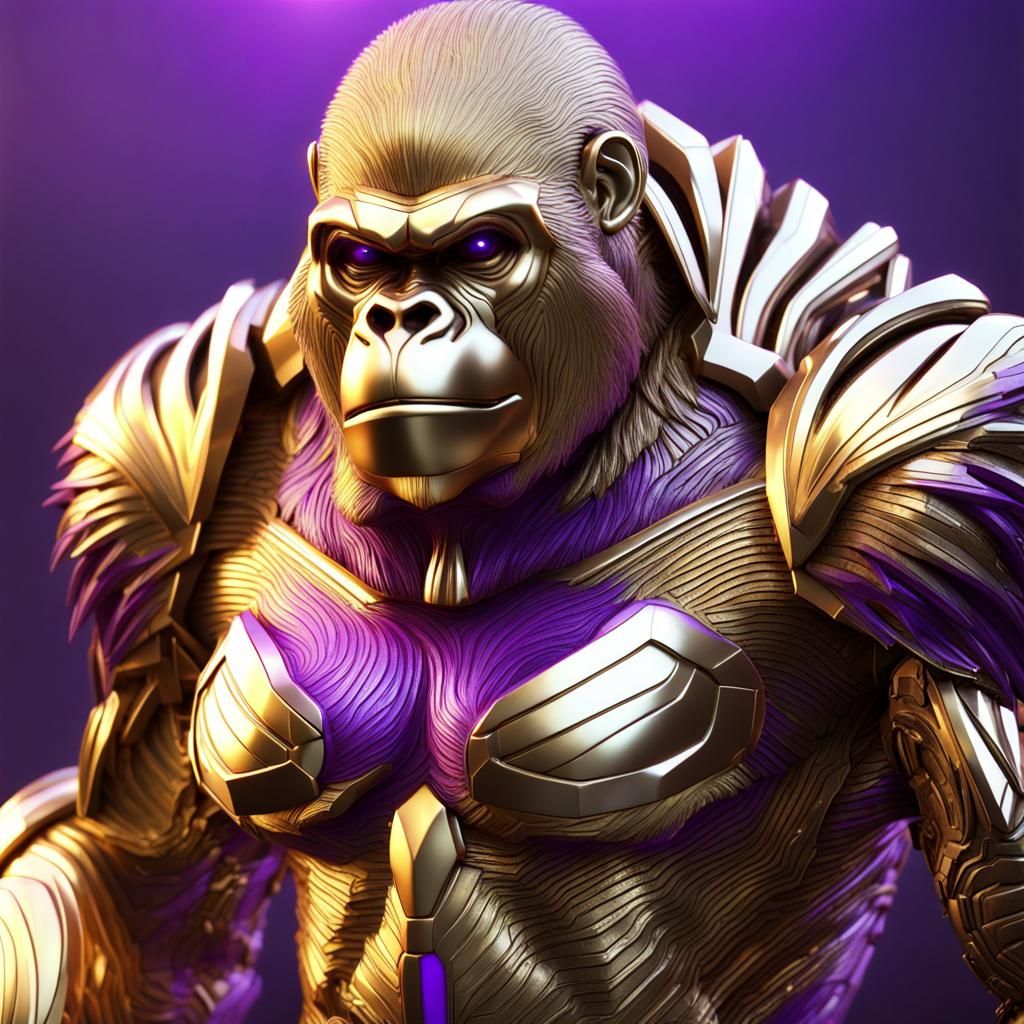 Giant Armored Golden Gorilla with Purple Rays
