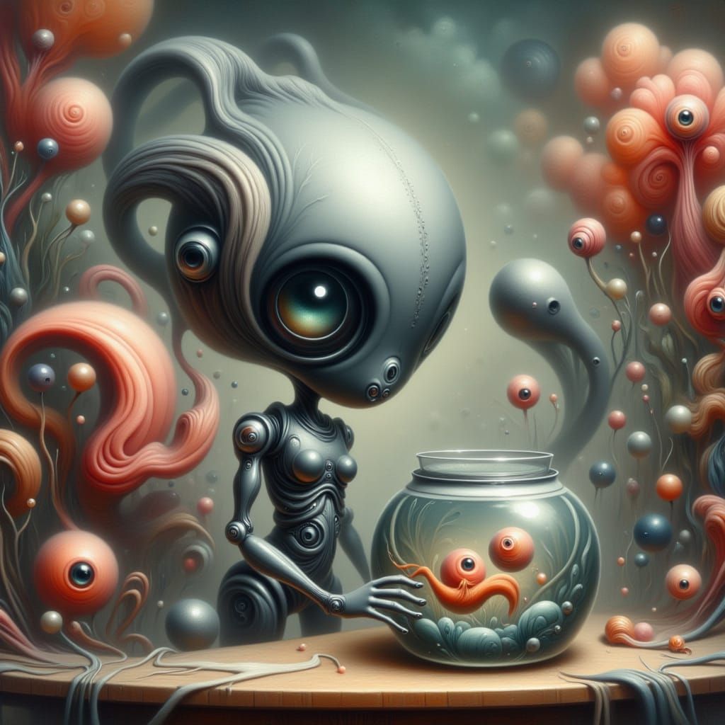 Cute Robot Holding a Fishbowl