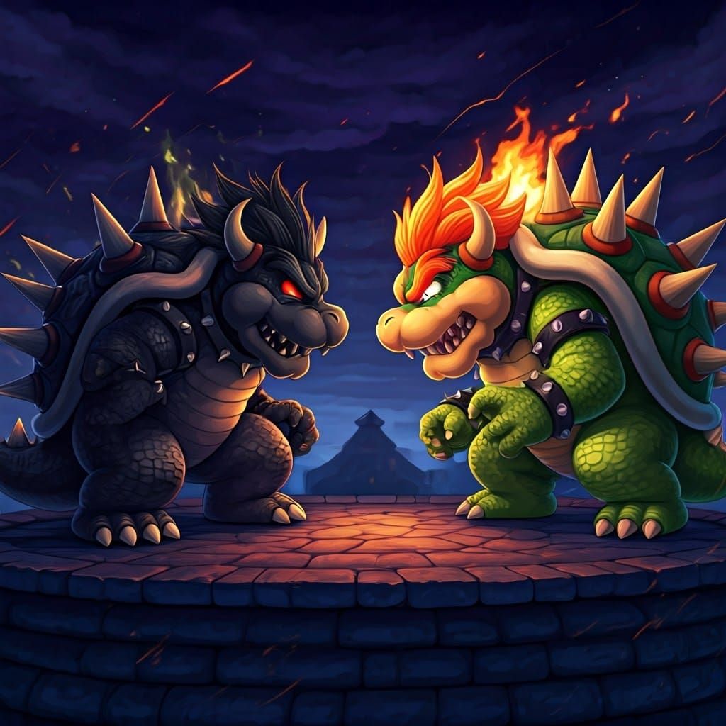 Dark Bowser vs Bowser: Epic Showdown on the Roof