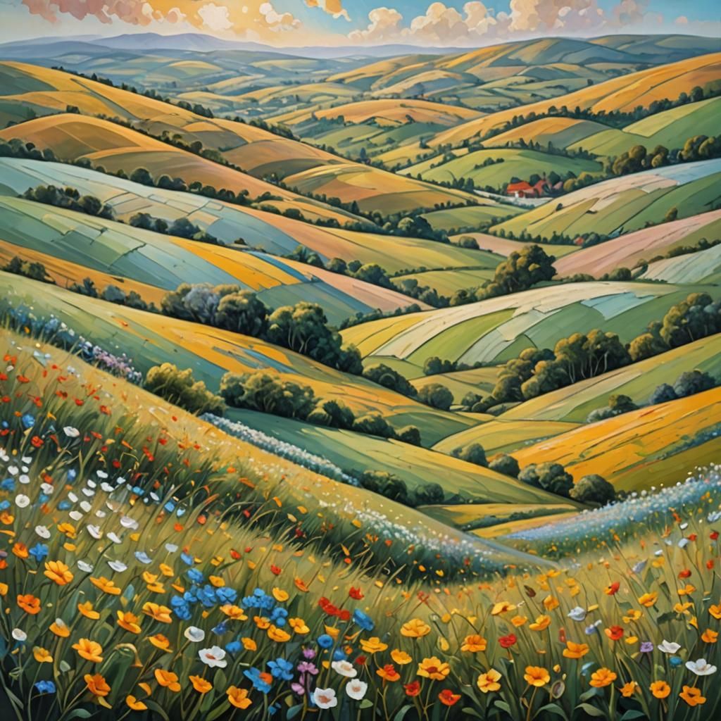 Surrealist Landscape with Wildflowers in Impasto Style