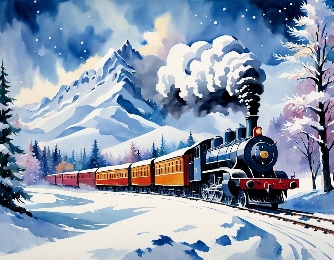 Modern Steam Train in Snowland: Gouache Watercolor Style