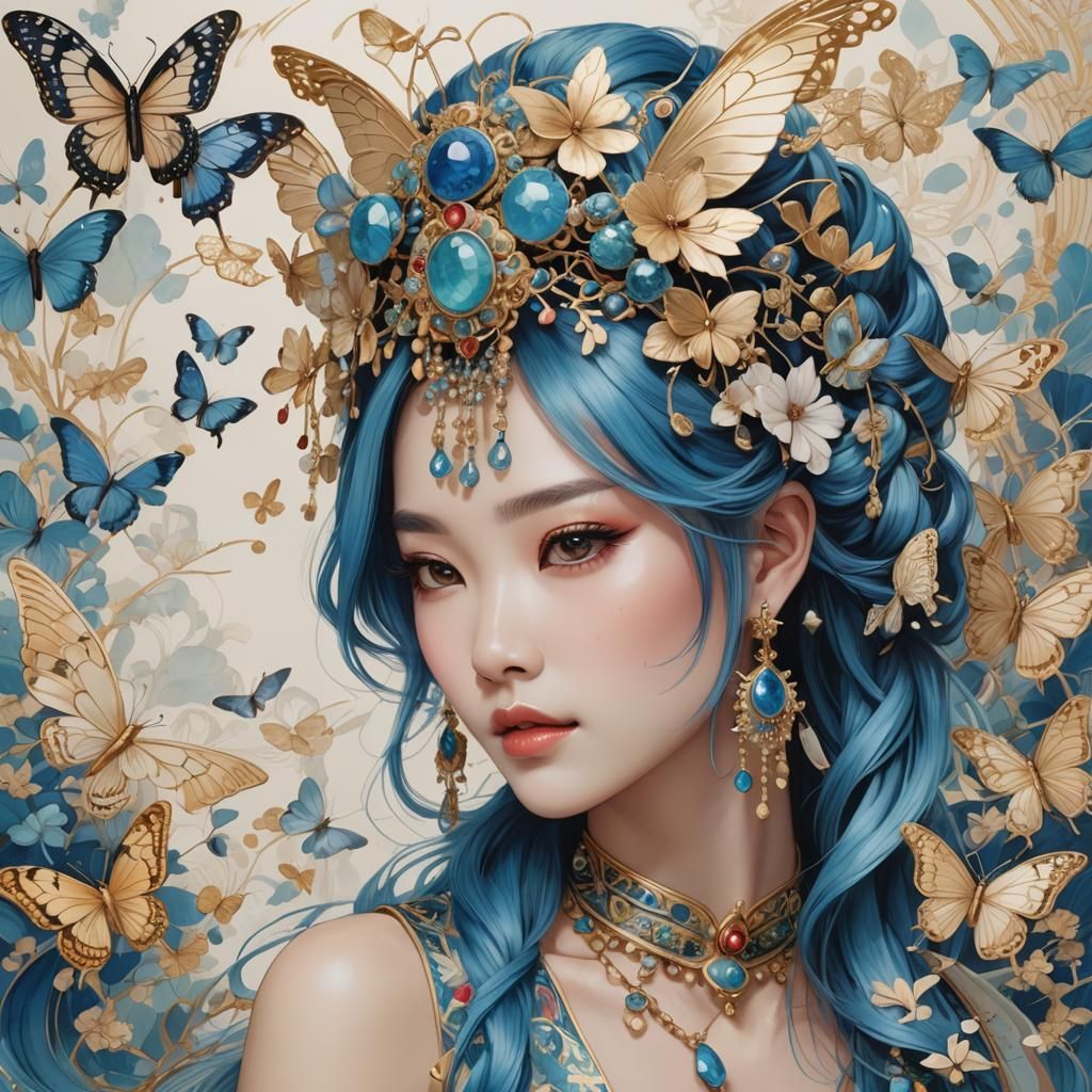 Chinese Girl with Blue Hair and Gemstones in Anime Style
