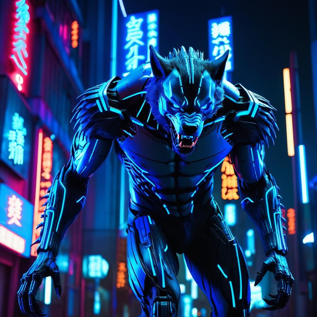 Cybernetic Werewolf Roams Neon City in Cyberpunk Style