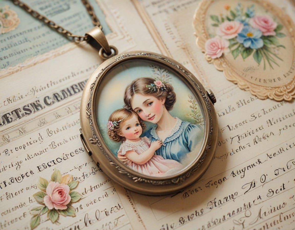 Watercolor Portrait of a Mother and Daughter in a Vintage Lo...