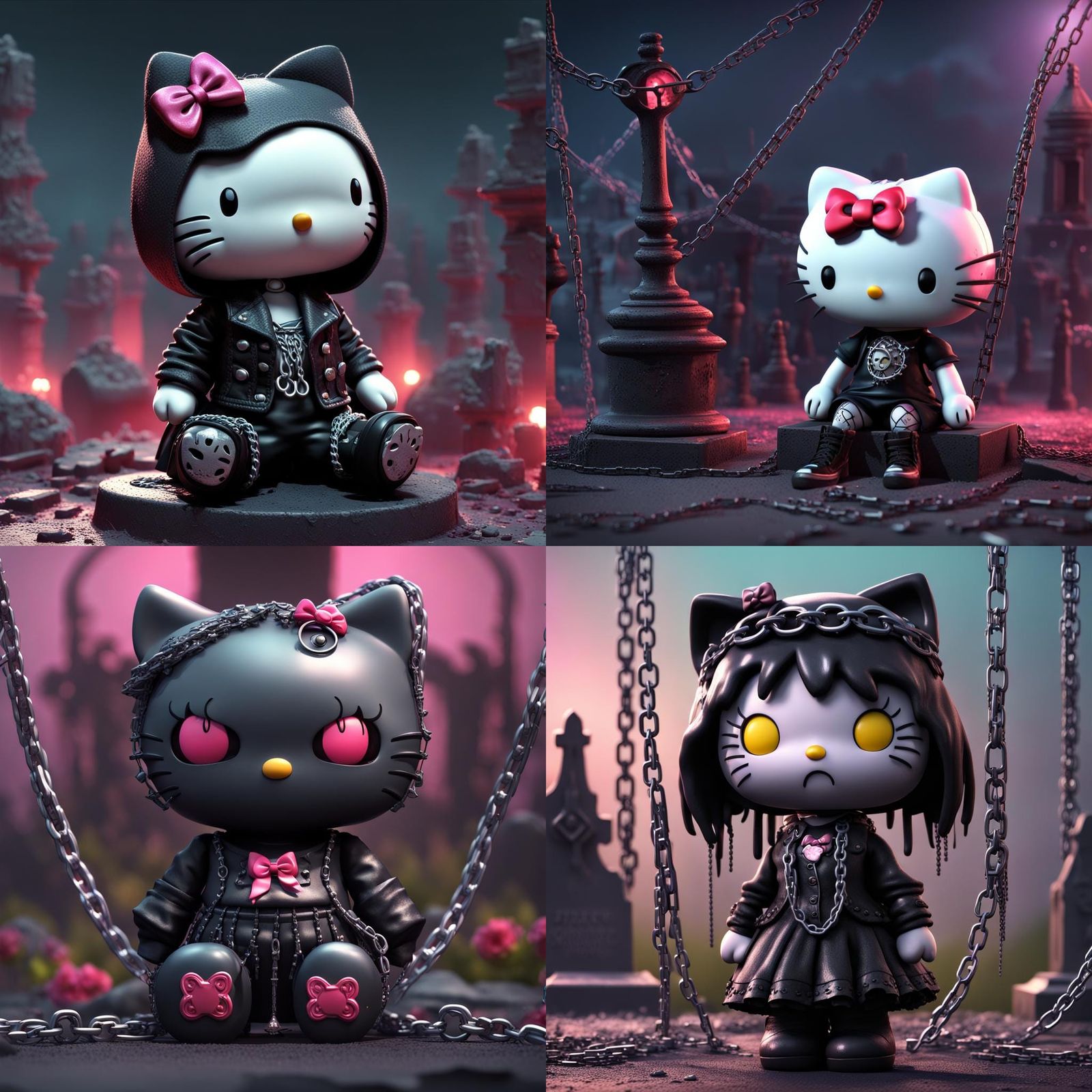 Goth Hello Kitty Crying in Graveyard: 3D Digital Art
