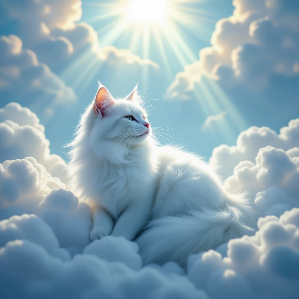 Celestial Cyan Cat Floating in Heavenly Light