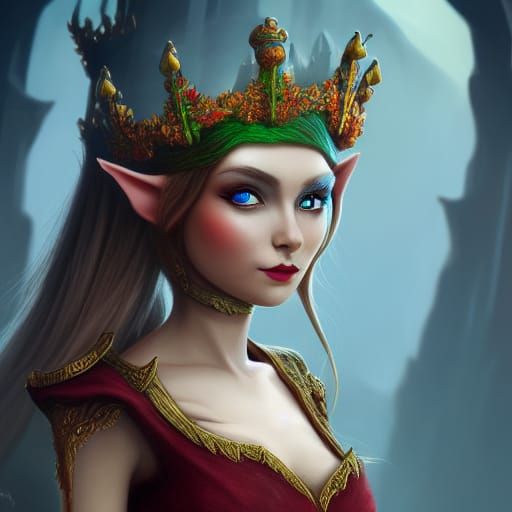 Beautiful Elf Queen with Crown in Fantasy Art Style