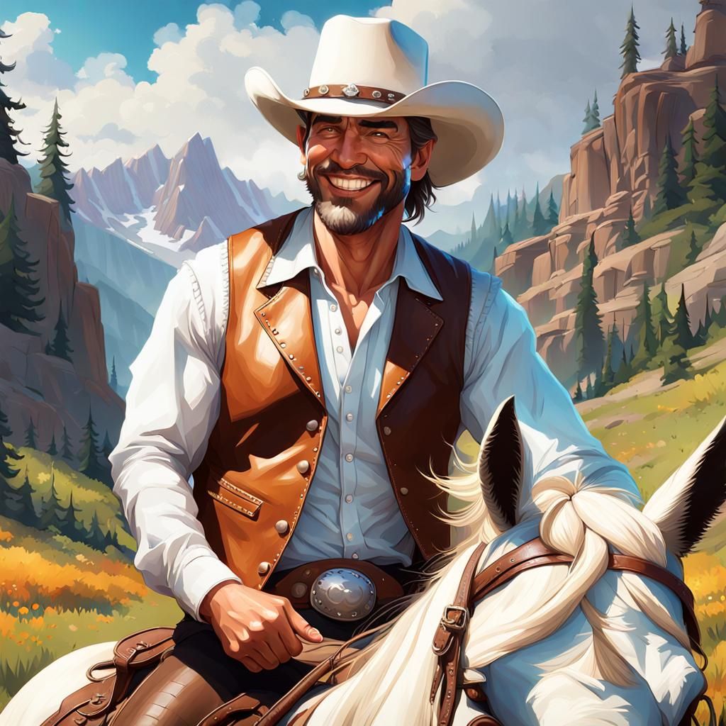 Smiling Cowboy Portrait in Mountain Meadow, Detailed Digital...