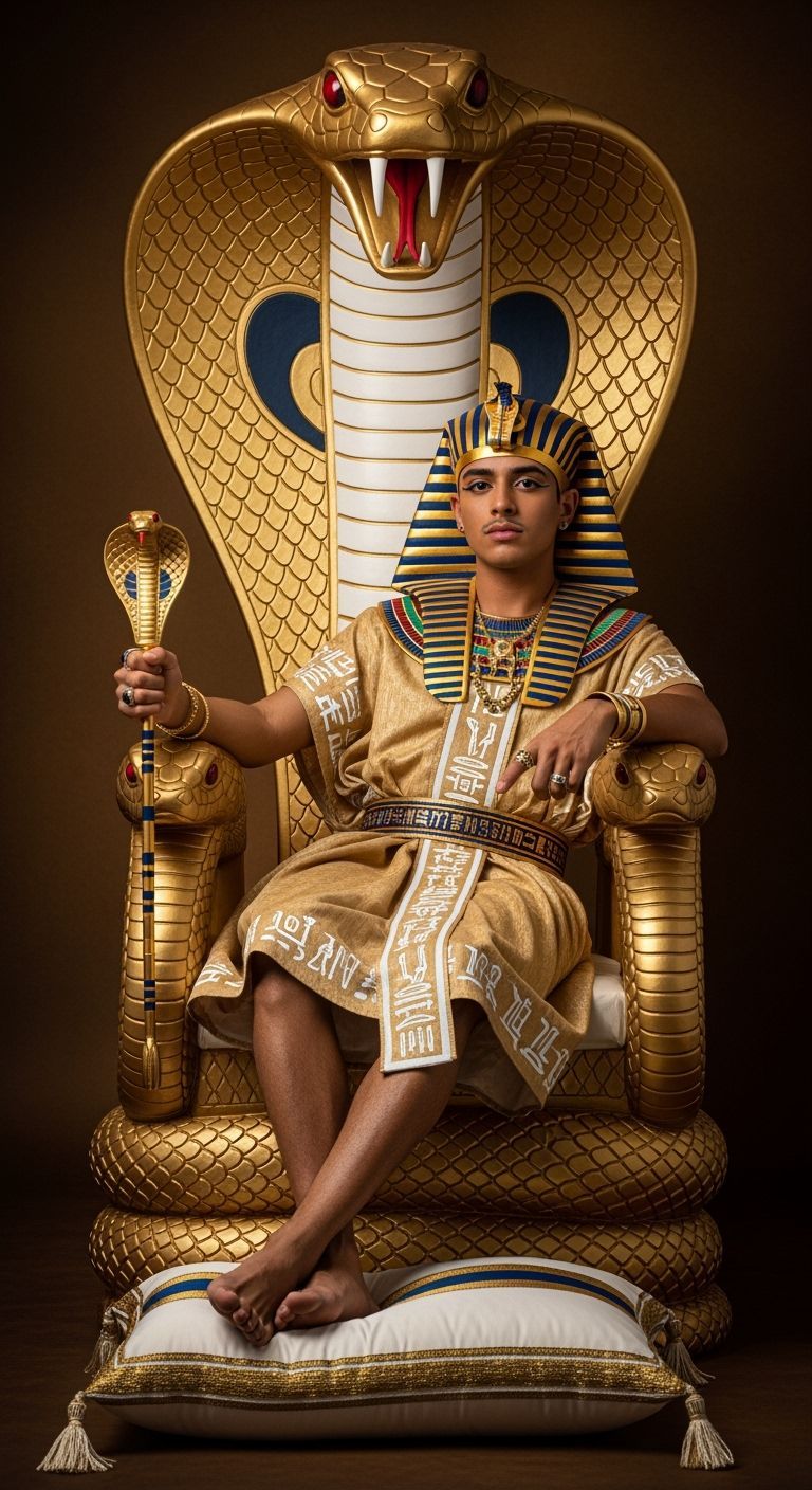 Young Pharaoh on Golden Cobra Throne in Photography Style