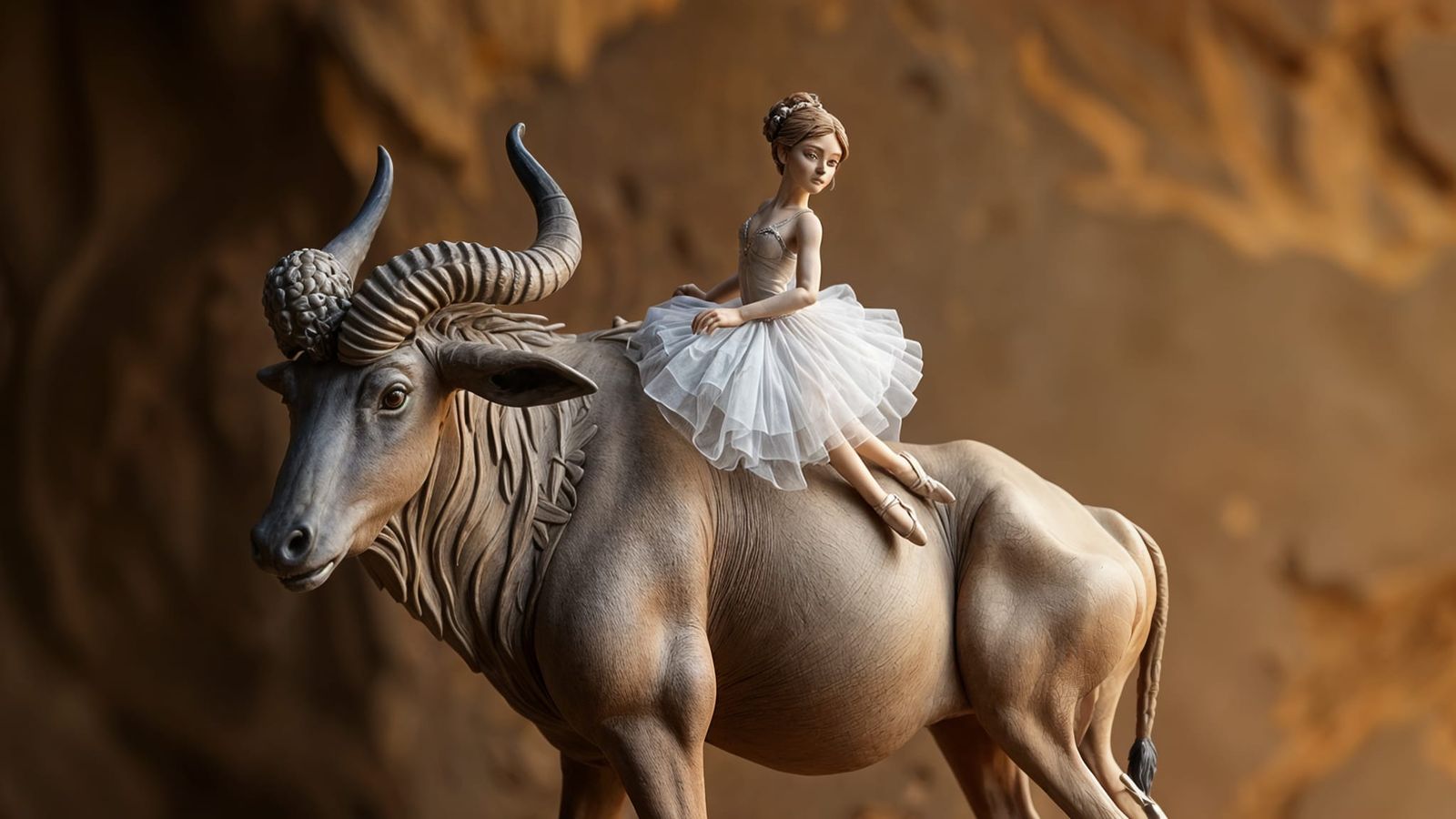 Ballerina Riding a Majestic Wildebeest in a Vibrant Clay Art...