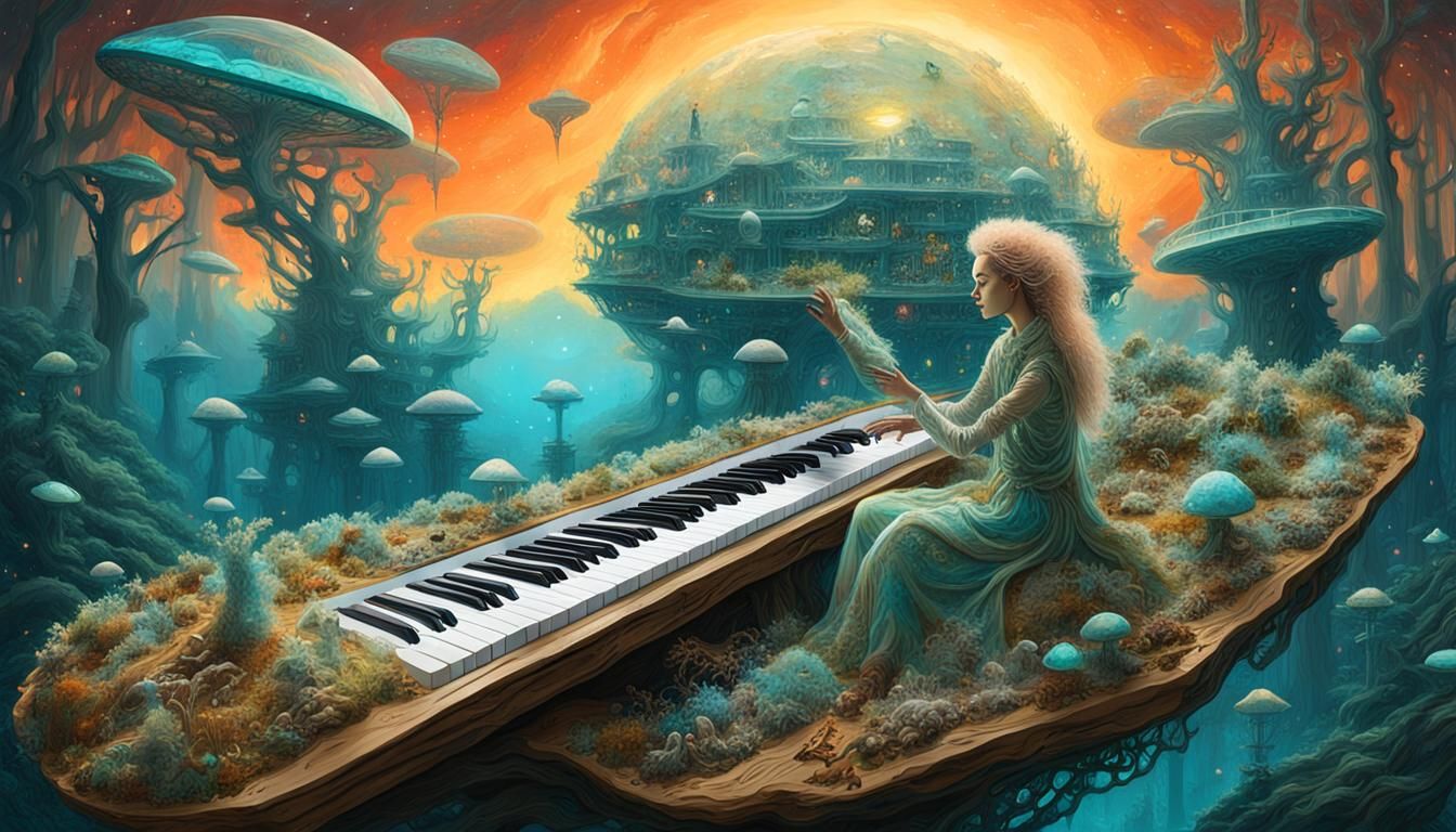 Ethereal Figures Composing Poems in a Sunset Galaxy