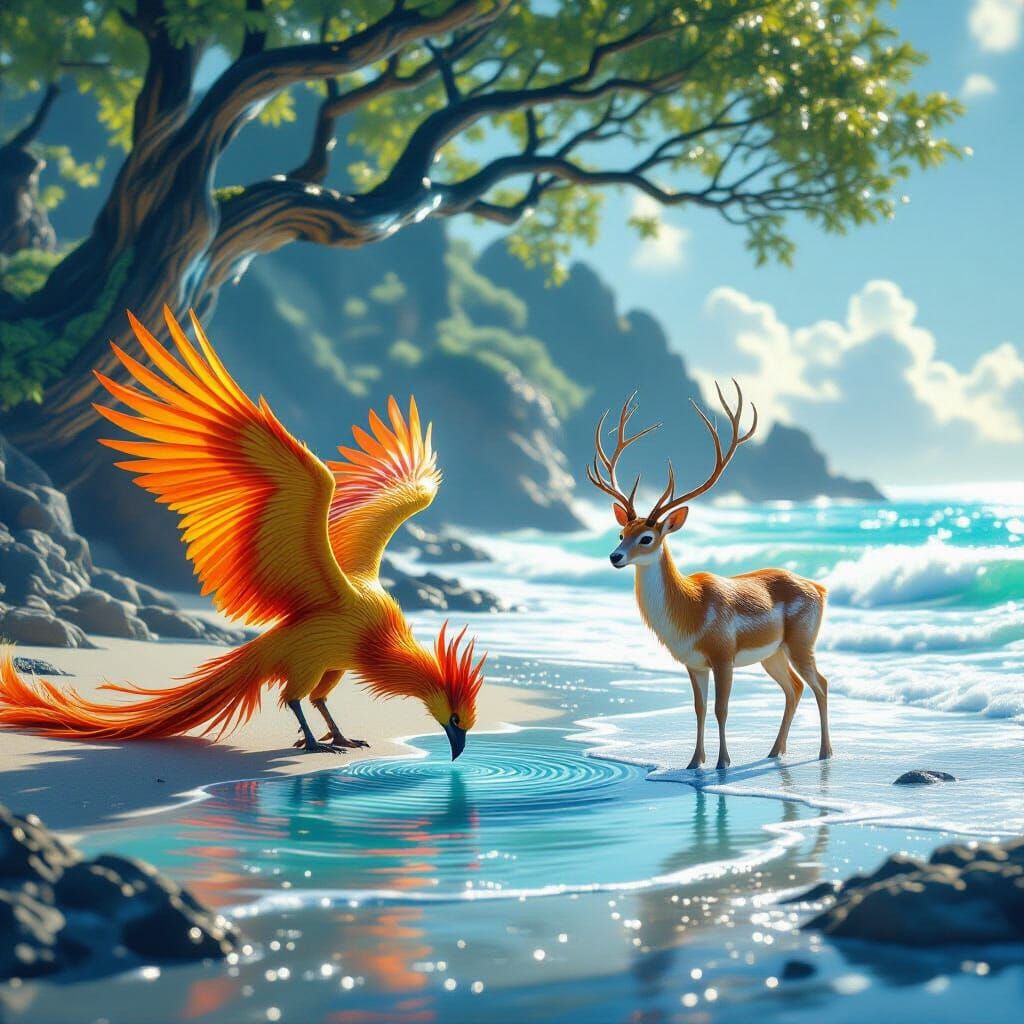 Mystical Beach Scene with Phoenix and Elven Deer