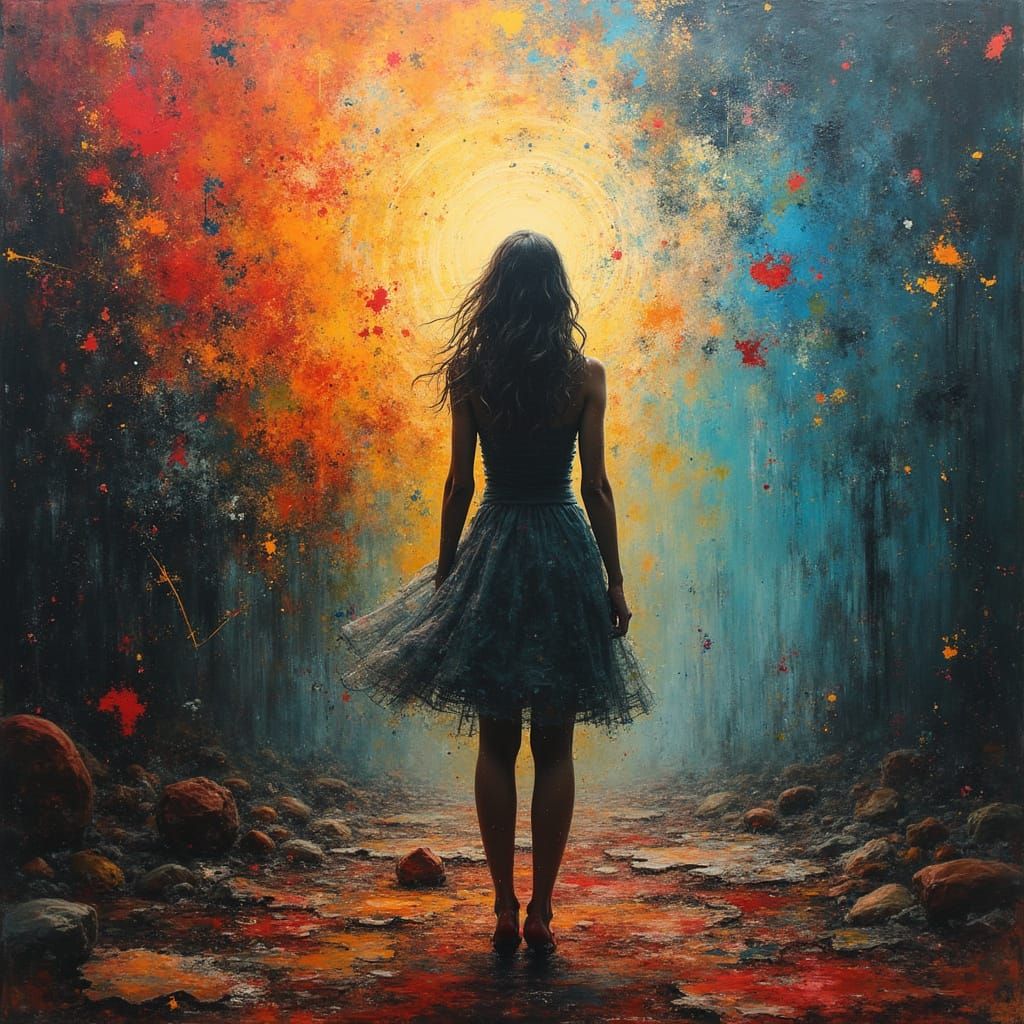 Woman in Abstract Vortex of Color and Chaos