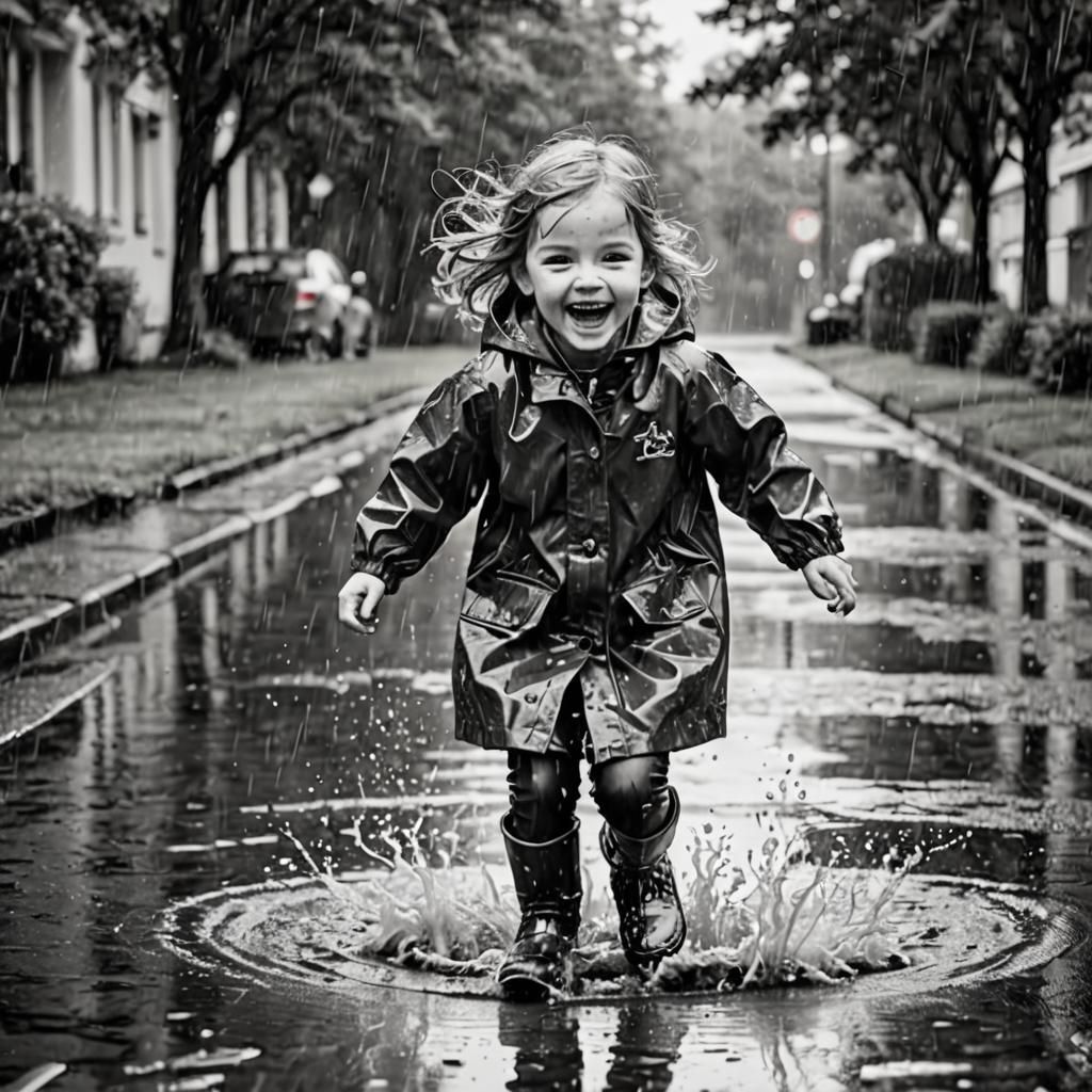 Child's Drawing: Girl Splashing in Puddle
